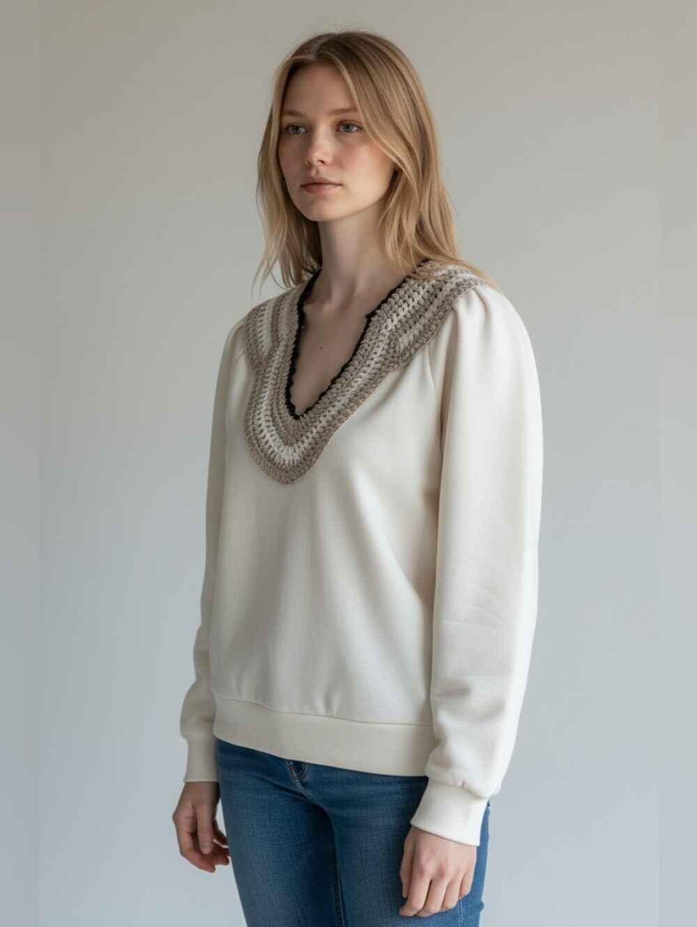 Rails Cotton White Sweatshirt with Gray and Black Crochet V-Neck